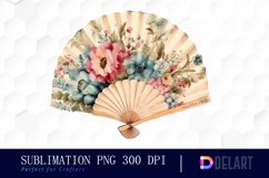 Retro Floral Hand Fan Watercolor Clipart Product Image 1