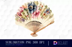 Retro Floral Hand Fan Watercolor Clipart PNG Product Image 1