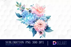 Watercolor Blue and Pink Floral Clipart, Sublimation Art Product Image 1