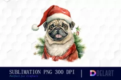 Watercolor Christmas Pug Dog Clipart, Illustration PNG Product Image 1