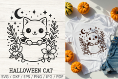 Kawaii Halloween Cat in Cauldron SVG Cut File | PNG Clipart Product Image 1