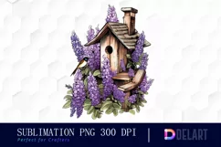 Watercolor Wooden Bird House Lavender Flowers Clipart Fun Product Image 1