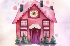 Pink Christmas House Watercolor Clipart PNG Product Image 2