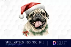 Watercolor Christmas Pug Dog Clipart, Illustration PNG Product Image 1