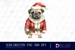 Watercolor Christmas Pug Dog Clipart, Illustration PNG Product Image 1