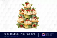 Watercolor Christmas Retro Cupcake Clipart, Illustration PNG Product Image 1