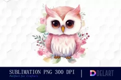 Owl Pink Floral Watercolor Illustration PNG Product Image 1