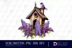 Watercolor Wooden Bird House Lavender Flowers Clipart Product Image 1