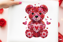 Pink Floral Valentine's Day Bear Png, Watercolor Sublimation Product Image 1