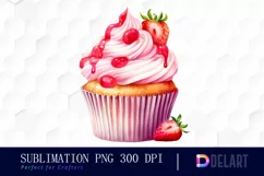 Watercolor Strawberry Pink Cupcake PNG Clipart Product Image 1
