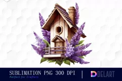 Watercolor Wooden Bird House Lavender Flowers Clipart Image Product Image 1