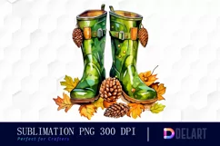 Watercolor Green Rain Boots Pine Cones PNG Clipart Product Image 1