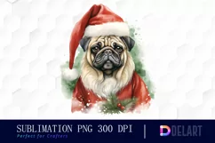 Watercolor Christmas Pug Dog Clipart, Illustration PNG Product Image 1