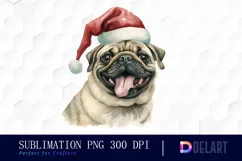 Watercolor Christmas Pug Dog Clipart, Illustration PNG Product Image 1