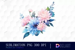 Watercolor Blue and Pink Floral Clipart, Sublimation Art Product Image 1