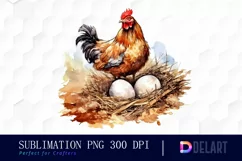 Watercolor Hen Beside Nest Of Eggs Clipart Design Product Image 1