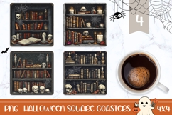 Gothic Books Halloween Square Coasters, Cartoon Pumpkins PNG Product Image 1
