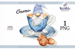 Watercolor gnome in a mug of tea with cookies, Gnome PNG Product Image 1