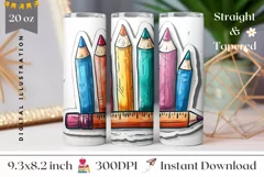 Watercolor School Tumbler Wrap, Colored Pencils Tumbler PNG Product Image 1
