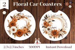 Watercolor Flowers Car Coaster Design, Floral Wreath PNG Product Image 1