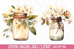 Flower Mason Jar Clipart, Watercolor Mason Jar Sublimation Product Image 1