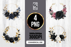 Black Rose Wreath Gold Leaves Clipart Sublimation PNG Product Image 1