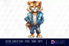 Watercolor Cute Tiger in Clothes Clipart, Sublimation Art Product Image 1