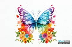 Rainbow Butterfly and Flowers PNG Clipart Product Image 1