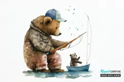 Watercolor Daddy Bear Fishing png clipart Product Image 1