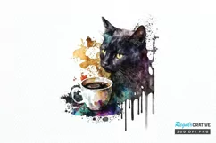 Watercolor Black Cat and Coffee PNG Clipart Product Image 1