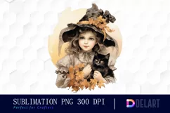 Watercolor Halloween Girl and Cat Clipart Fun Product Image 1