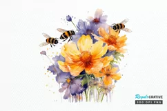 Bee and Flowers Watercolor PNG Clipart Product Image 1