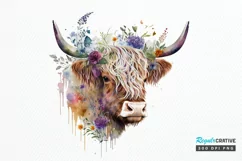 Watercolor Floral Highland Cow PNG Clipa Product Image 1