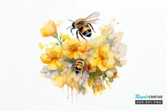 Bee and Flowers Watercolor PNG Clipart Product Image 1