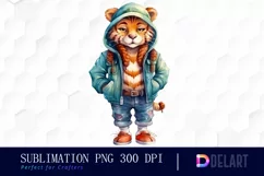 Watercolor Cute Tiger in Clothes Clipart, Sublimation Art Product Image 1