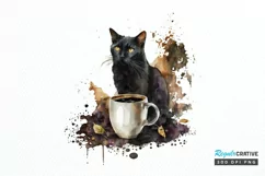 Watercolor Black Cat and Coffee PNG Clipart Product Image 1