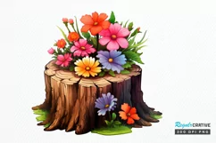 Flowers On Tree Stump Watercolor PNG Clipart Product Image 1