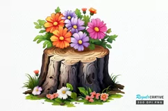 Flowers On Tree Stump Watercolor PNG Clipart Product Image 1