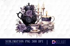 Watercolor Gothic Halloween Tea Time Clipart, Artwork Product Image 1