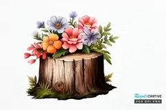 Flowers On Tree Stump Watercolor PNG Clipart Product Image 1