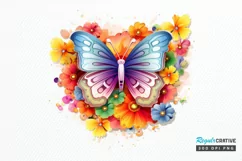 Rainbow Butterfly and Flowers PNG Clipart Product Image 1