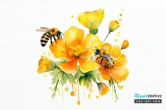 Bee and Flowers Watercolor PNG Clipart Product Image 1