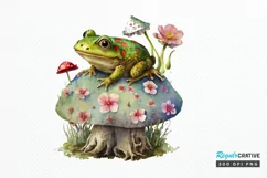 Watercolor Vintage Cute Floral Frog on a Mushroom PNG Clipa Product Image 1