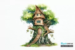 Fairy Tree House Watercolor PNG Clipart Product Image 1