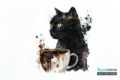Watercolor Black Cat and Coffee PNG Clipart Product Image 1