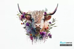Watercolor Floral Highland Cow PNG Clipa Product Image 1