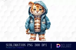 Watercolor Cute Tiger in Clothes Clipart, Sublimation Art Product Image 1