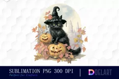 Watercolor Halloween Girl and Cat Sublimation Art Clipart Product Image 1