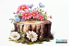 Flowers On Tree Stump Watercolor PNG Clipart Product Image 1