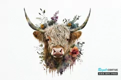 Watercolor Floral Highland Cow PNG Clipa Product Image 1